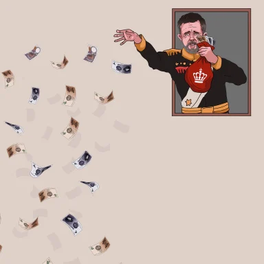 Billede af Kong Frederik, der kaster penge ud af vinduet